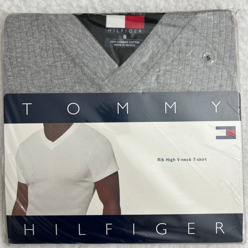 Tommy Hilfiger T-shirt Men Small Grey Rib High V-neck Cotton Vintage NIP